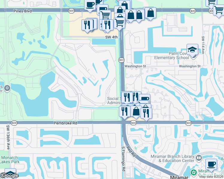 map of restaurants, bars, coffee shops, grocery stores, and more near 1200 Southwest 124th Terrace in Pembroke Pines