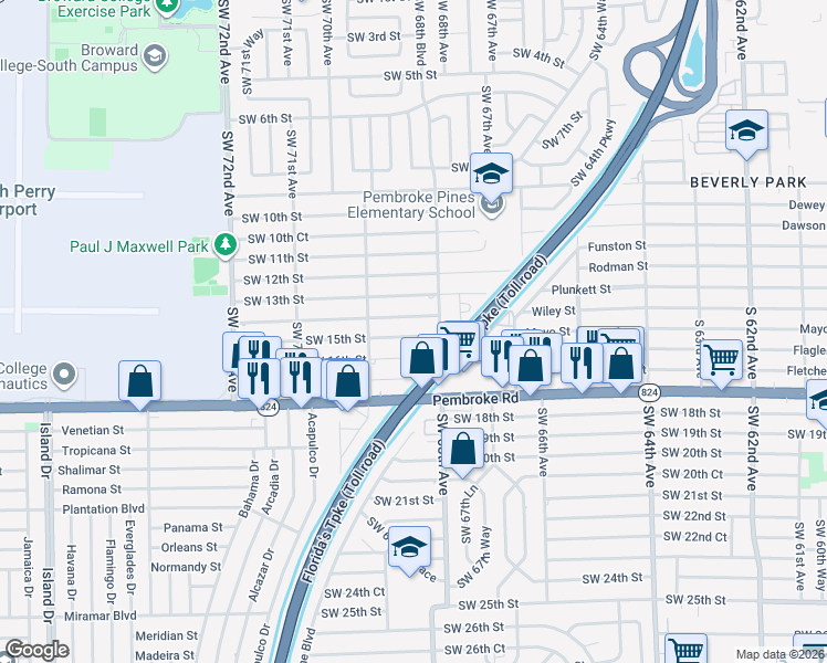 map of restaurants, bars, coffee shops, grocery stores, and more near 6825 Southwest 14th Street in Pembroke Pines