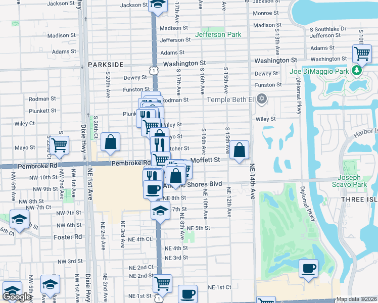 map of restaurants, bars, coffee shops, grocery stores, and more near 1517 South 17th Avenue in Hollywood