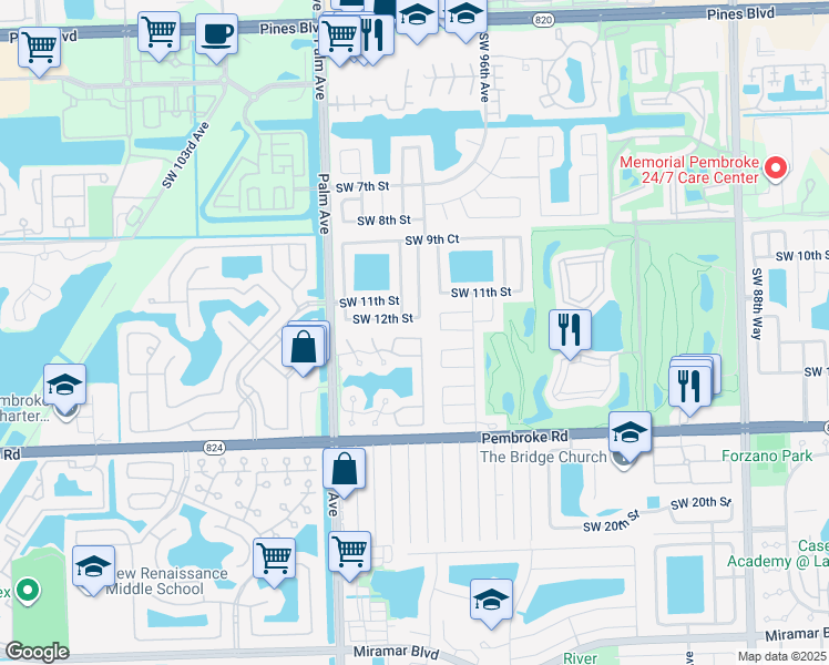 map of restaurants, bars, coffee shops, grocery stores, and more near 9801 Southwest 13th Court in Pembroke Pines