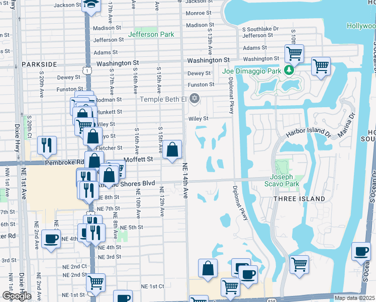 map of restaurants, bars, coffee shops, grocery stores, and more near 1615 South 14th Avenue in Hollywood