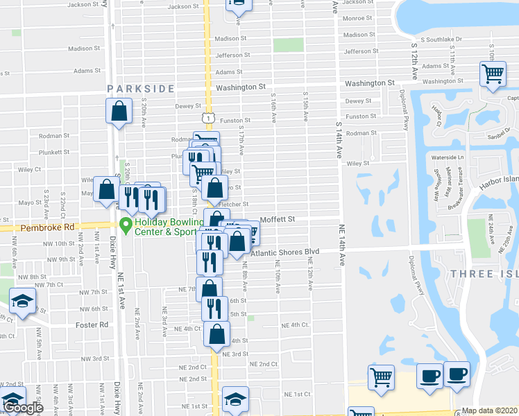 map of restaurants, bars, coffee shops, grocery stores, and more near 1611 Fletcher Street in Hollywood