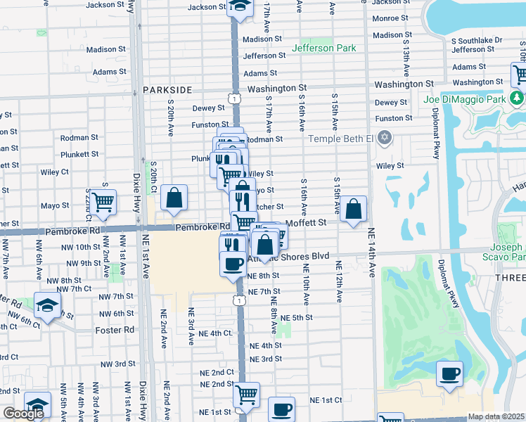 map of restaurants, bars, coffee shops, grocery stores, and more near 1517 South 17th Avenue in Hollywood