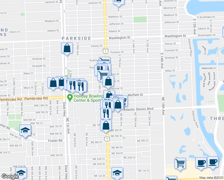 map of restaurants, bars, coffee shops, grocery stores, and more near 1733 Fletcher Street in Hollywood