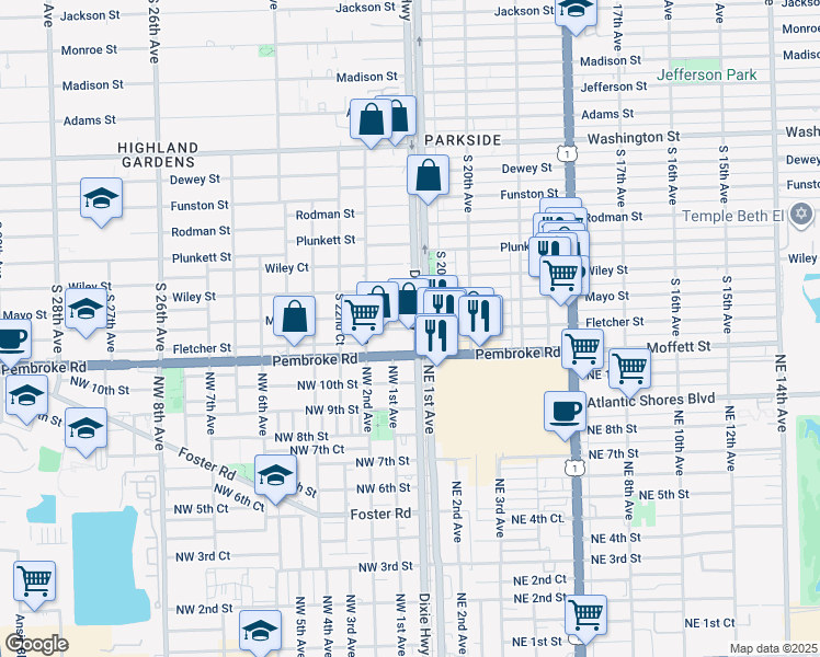 map of restaurants, bars, coffee shops, grocery stores, and more near 2106 Mayo Street in Hollywood