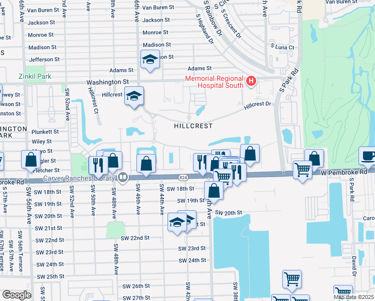 map of restaurants, bars, coffee shops, grocery stores, and more near 4206 Greenway Drive in Hollywood