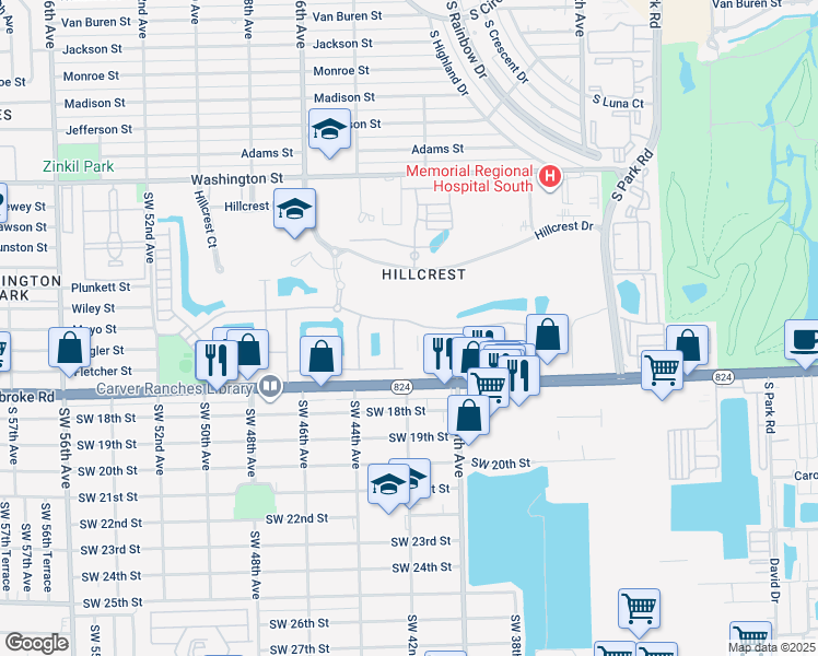 map of restaurants, bars, coffee shops, grocery stores, and more near 4206 Greenway Drive in Hollywood