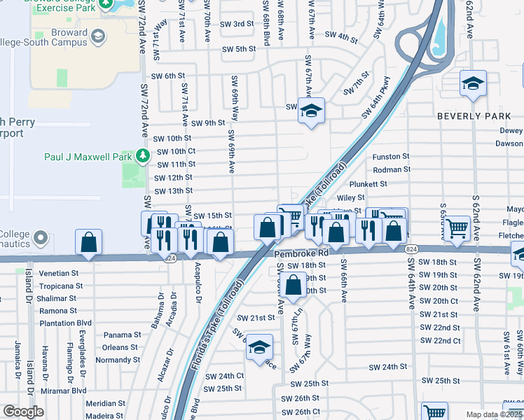 map of restaurants, bars, coffee shops, grocery stores, and more near 6825 Southwest 14th Street in Pembroke Pines