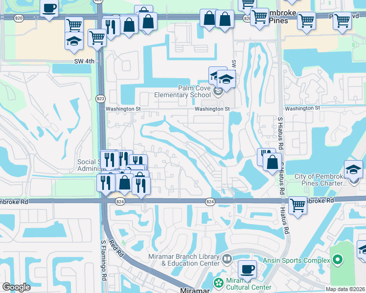 map of restaurants, bars, coffee shops, grocery stores, and more near 11762 Southwest 13th Court in Pembroke Pines