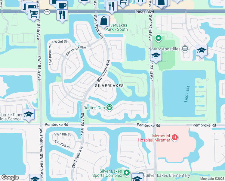 map of restaurants, bars, coffee shops, grocery stores, and more near in Pembroke Pines