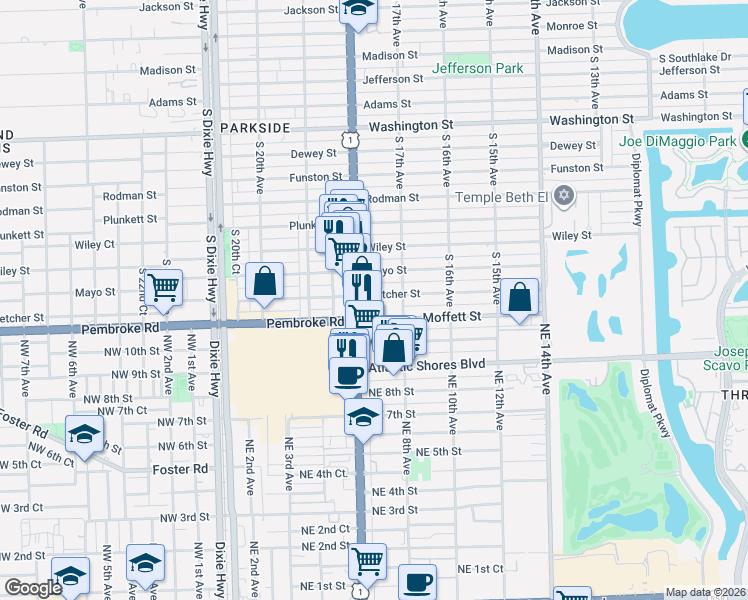 map of restaurants, bars, coffee shops, grocery stores, and more near 1734 Fletcher Street in Hollywood