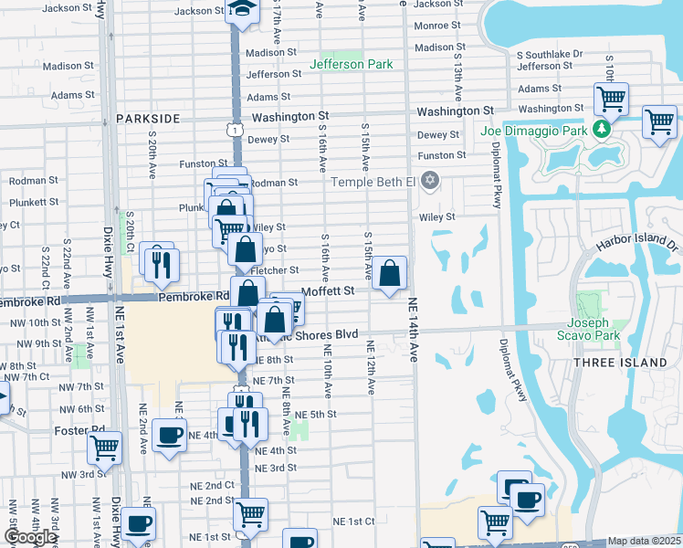 map of restaurants, bars, coffee shops, grocery stores, and more near 1521 Fletcher Street in Hollywood