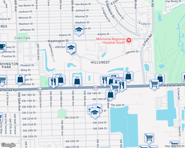 map of restaurants, bars, coffee shops, grocery stores, and more near 4206 Greenway Drive in Hollywood