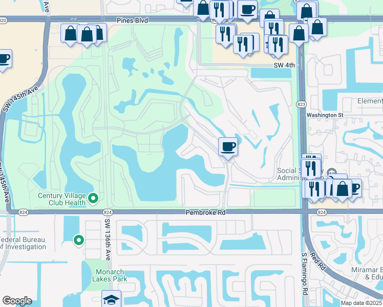 map of restaurants, bars, coffee shops, grocery stores, and more near 13300 Southwest 10th Street in Pembroke Pines