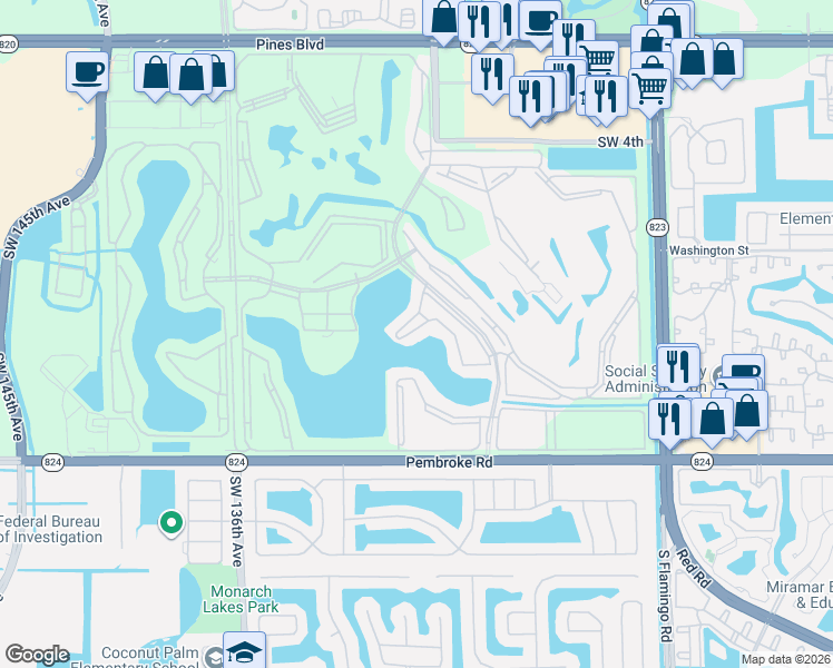 map of restaurants, bars, coffee shops, grocery stores, and more near 13300 Southwest 10th Street in Pembroke Pines