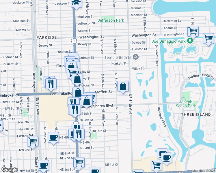 map of restaurants, bars, coffee shops, grocery stores, and more near 1521 Fletcher Street in Hollywood