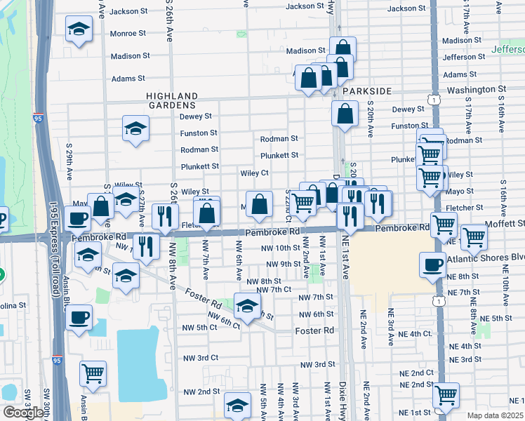 map of restaurants, bars, coffee shops, grocery stores, and more near 1528 South 24th Avenue in Hollywood