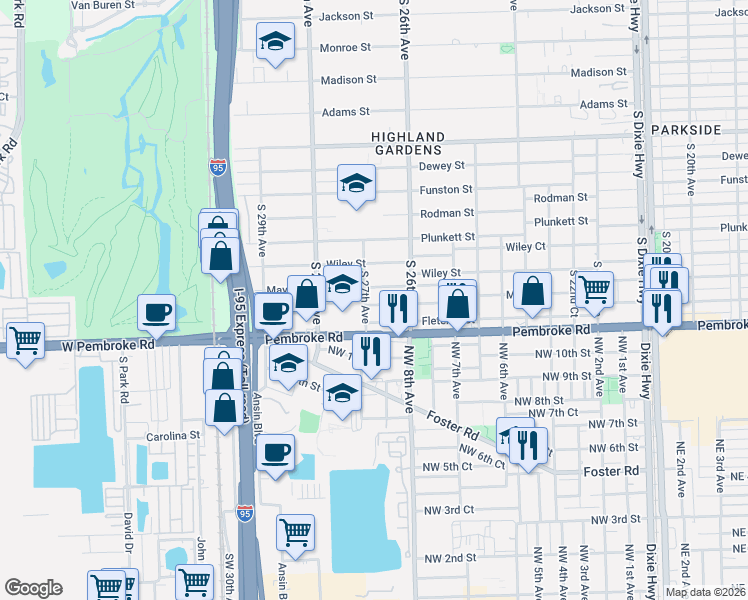 map of restaurants, bars, coffee shops, grocery stores, and more near 2640 Mayo Street in Hollywood