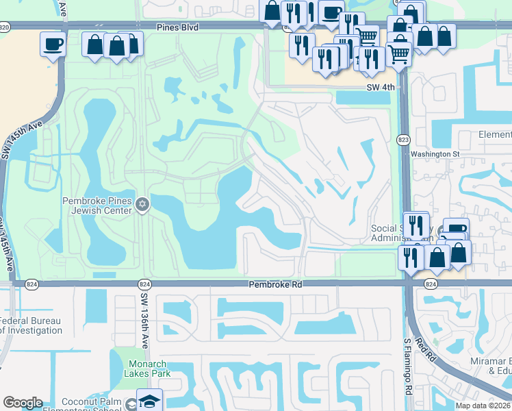 map of restaurants, bars, coffee shops, grocery stores, and more near 13300 Southwest 10th Street in Pembroke Pines