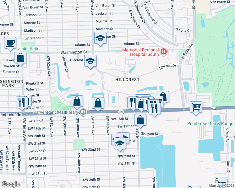 map of restaurants, bars, coffee shops, grocery stores, and more near 4206 Greenway Drive in Hollywood
