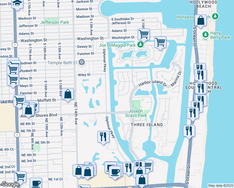 map of restaurants, bars, coffee shops, grocery stores, and more near 1597 Mariner Way in Hollywood