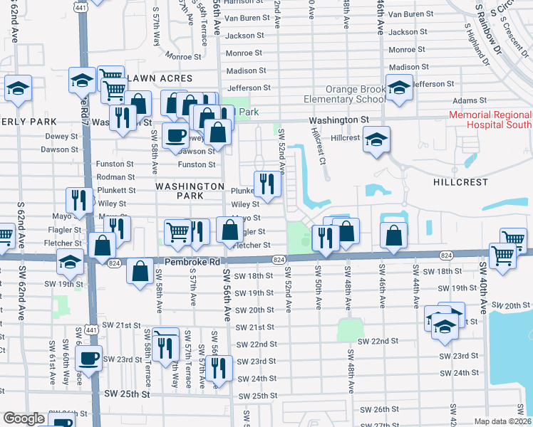 map of restaurants, bars, coffee shops, grocery stores, and more near 5214 Wiley Street in Hollywood