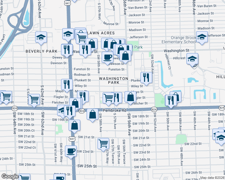 map of restaurants, bars, coffee shops, grocery stores, and more near 5648 Wiley Street in Hollywood