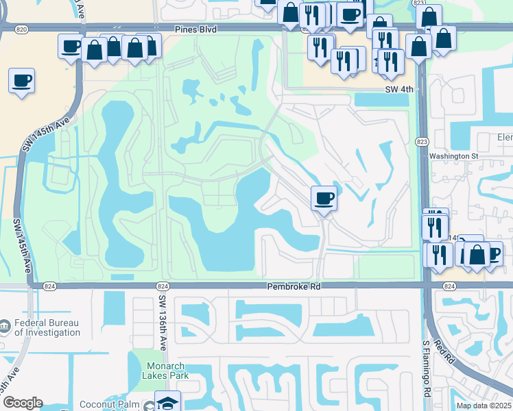 map of restaurants, bars, coffee shops, grocery stores, and more near 13001 Southwest 11th Court in Pembroke Pines
