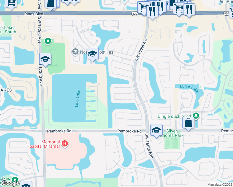 map of restaurants, bars, coffee shops, grocery stores, and more near 16331 10th Street in Pembroke Pines