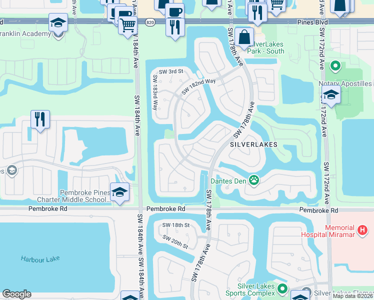map of restaurants, bars, coffee shops, grocery stores, and more near 1115 Southwest 180th Terrace in Pembroke Pines