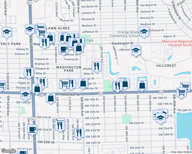 map of restaurants, bars, coffee shops, grocery stores, and more near 5214 Wiley Street in Hollywood