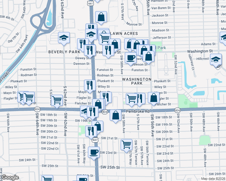 map of restaurants, bars, coffee shops, grocery stores, and more near 5850 Wiley Street in Hollywood