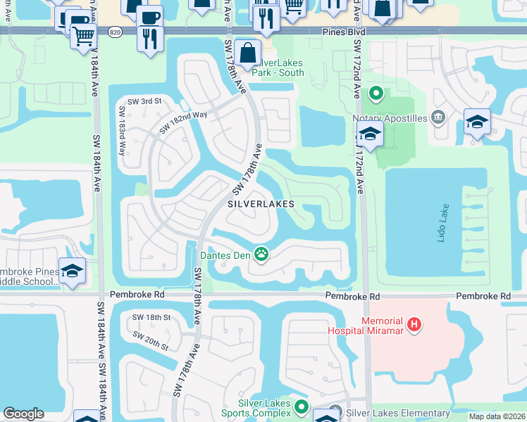 map of restaurants, bars, coffee shops, grocery stores, and more near in Pembroke Pines