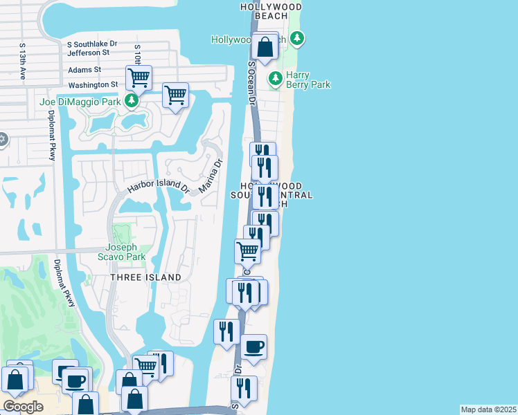 map of restaurants, bars, coffee shops, grocery stores, and more near 2401 South Ocean Drive in Hollywood