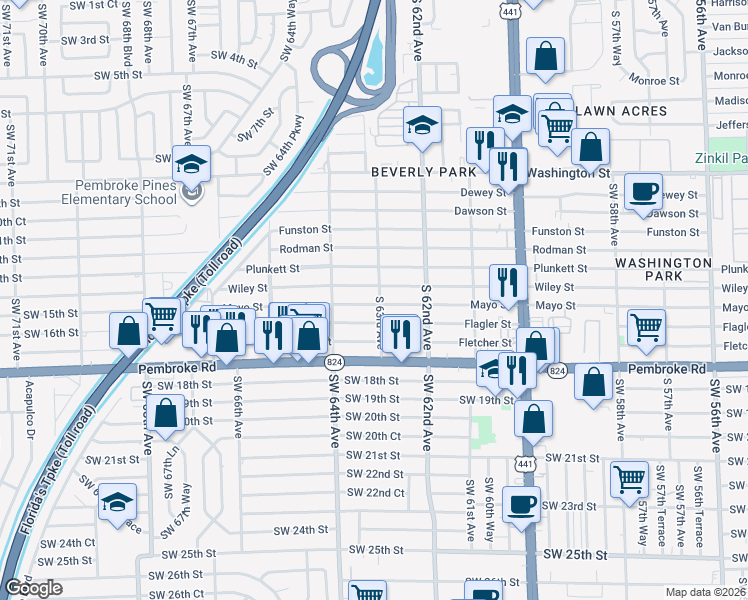 map of restaurants, bars, coffee shops, grocery stores, and more near 6320 Wiley Street in Hollywood