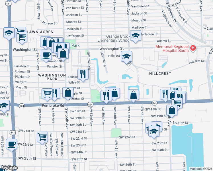 map of restaurants, bars, coffee shops, grocery stores, and more near 5012 Greenway Drive in Hollywood