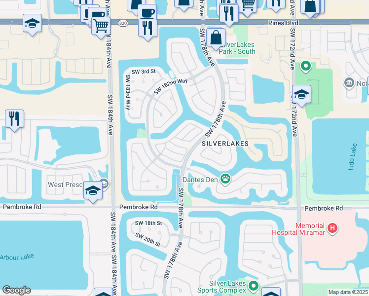 map of restaurants, bars, coffee shops, grocery stores, and more near 17885 Southwest 10th Court in Pembroke Pines
