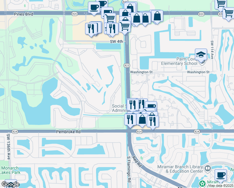 map of restaurants, bars, coffee shops, grocery stores, and more near 1200 Southwest 124th Terrace in Pembroke Pines