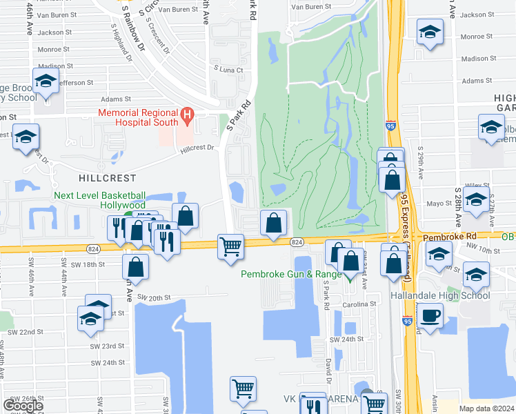 map of restaurants, bars, coffee shops, grocery stores, and more near 1417 South 33rd Avenue in Hollywood