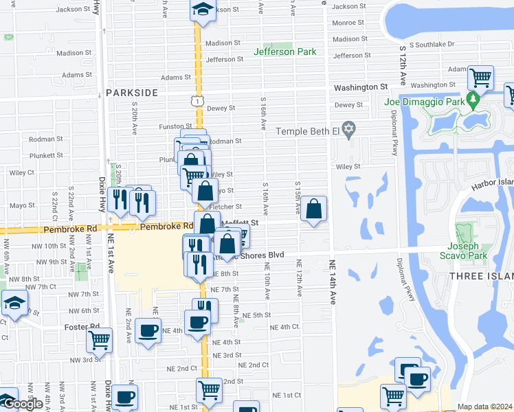map of restaurants, bars, coffee shops, grocery stores, and more near 1611 Fletcher Street in Hollywood