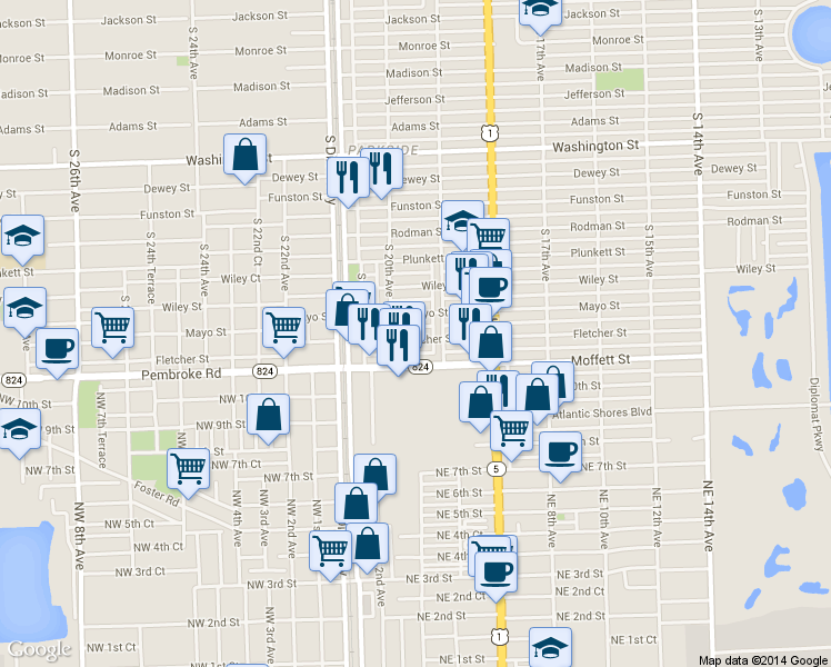 map of restaurants, bars, coffee shops, grocery stores, and more near 1511 South 20th Avenue in Hollywood