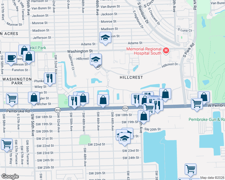 map of restaurants, bars, coffee shops, grocery stores, and more near 4374 Greenway Drive in Hollywood