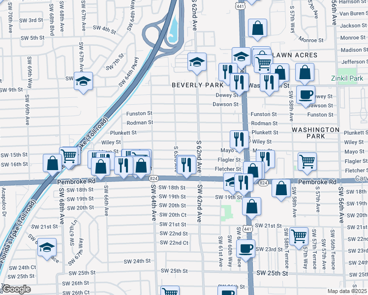 map of restaurants, bars, coffee shops, grocery stores, and more near 6230 Wiley Street in Hollywood