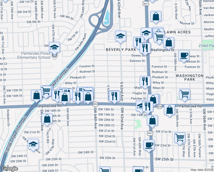 map of restaurants, bars, coffee shops, grocery stores, and more near 6320 Wiley Street in Hollywood