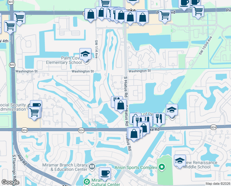 map of restaurants, bars, coffee shops, grocery stores, and more near 11320 Southwest 11 Street in Pembroke Pines