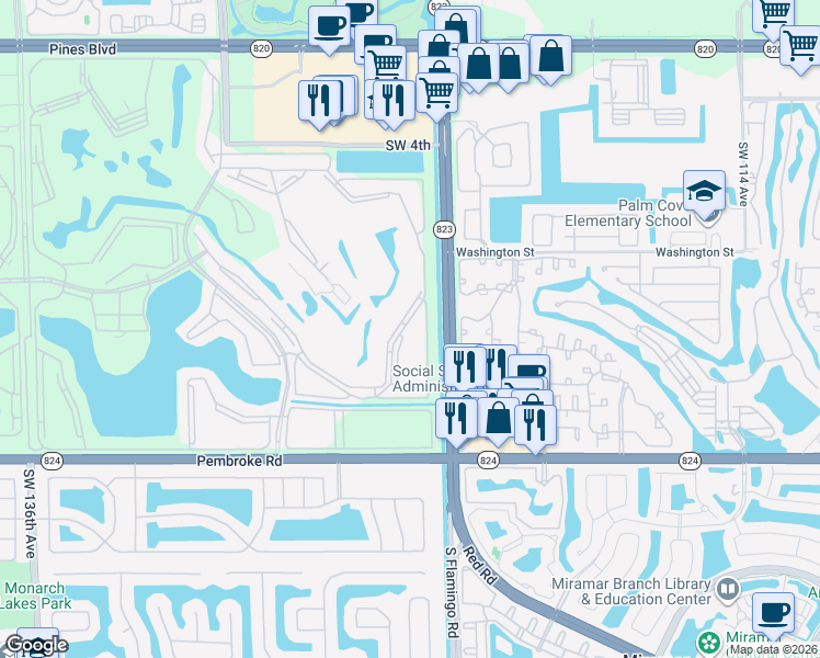 map of restaurants, bars, coffee shops, grocery stores, and more near 1200 Southwest 124th Terrace in Pembroke Pines