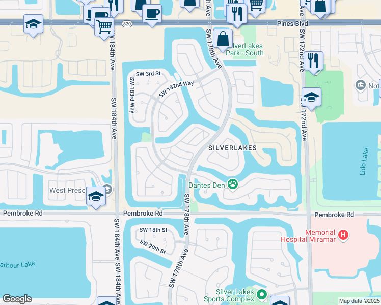 map of restaurants, bars, coffee shops, grocery stores, and more near 17885 Southwest 10th Court in Pembroke Pines