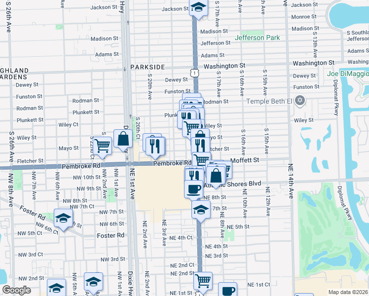 map of restaurants, bars, coffee shops, grocery stores, and more near 1835 Fletcher Street in Hollywood
