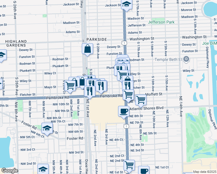 map of restaurants, bars, coffee shops, grocery stores, and more near 1510 South 19th Avenue in Hollywood