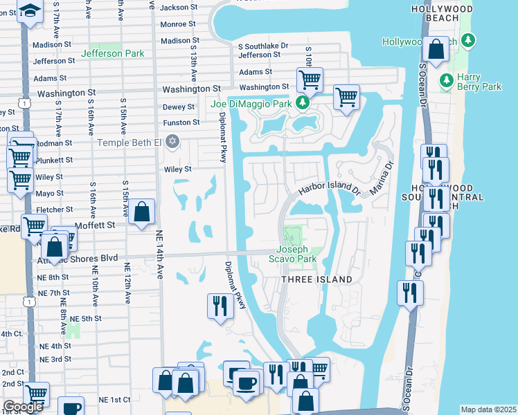map of restaurants, bars, coffee shops, grocery stores, and more near 1597 Mariner Way in Hollywood